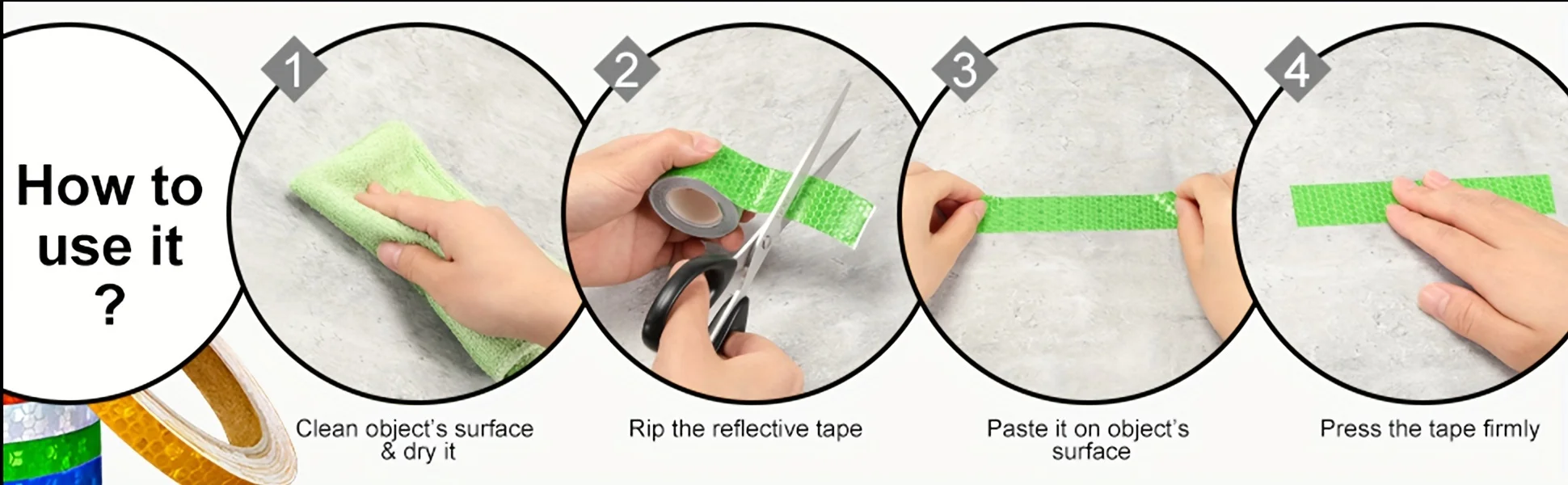 Description Picture 5 of item5m Reflective Tape PVC Bicycle Wheels Reflect Fluorescent Sticker Bike Reflective Sticker Strip Tape For Cycling Warning Safety