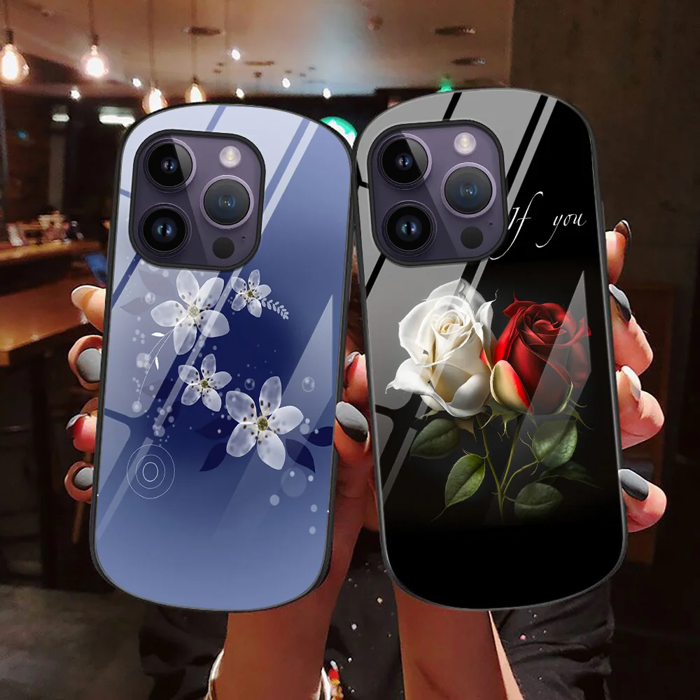 

Fashion Rose Flower Phone Case for iPhone 14 13 Pro Max Mini XR XSMax 7 8 Plus SE Oval Tempered Glass Cover for iPhone 12 11