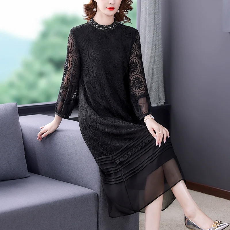 

2023 New Heavyweight Silk Silk Silk Dress Women's Autumn Vintage Round Neck Long Sleeve Loose Fit Casual Party Dress Vestidos