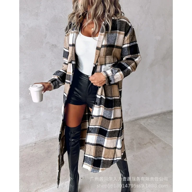 

Autumn Plaid Trench Shirt Jackets Casual Y2K Flannel Long Shirt Coat Women Buttoned Pocket Design Longline Coats Outwear