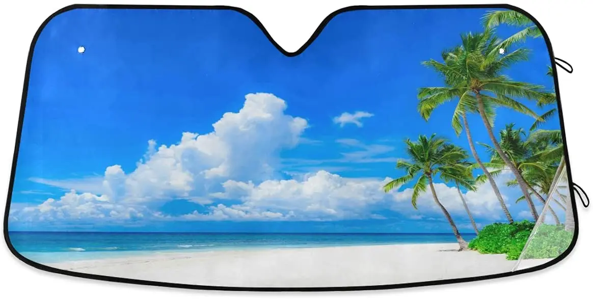 

Summer Palm Leaves Beach Car Windshield Sun Shade Sea Blue Sky Sunshade Car Shield Shade Visor Cover Reflective UV Rays Protecto