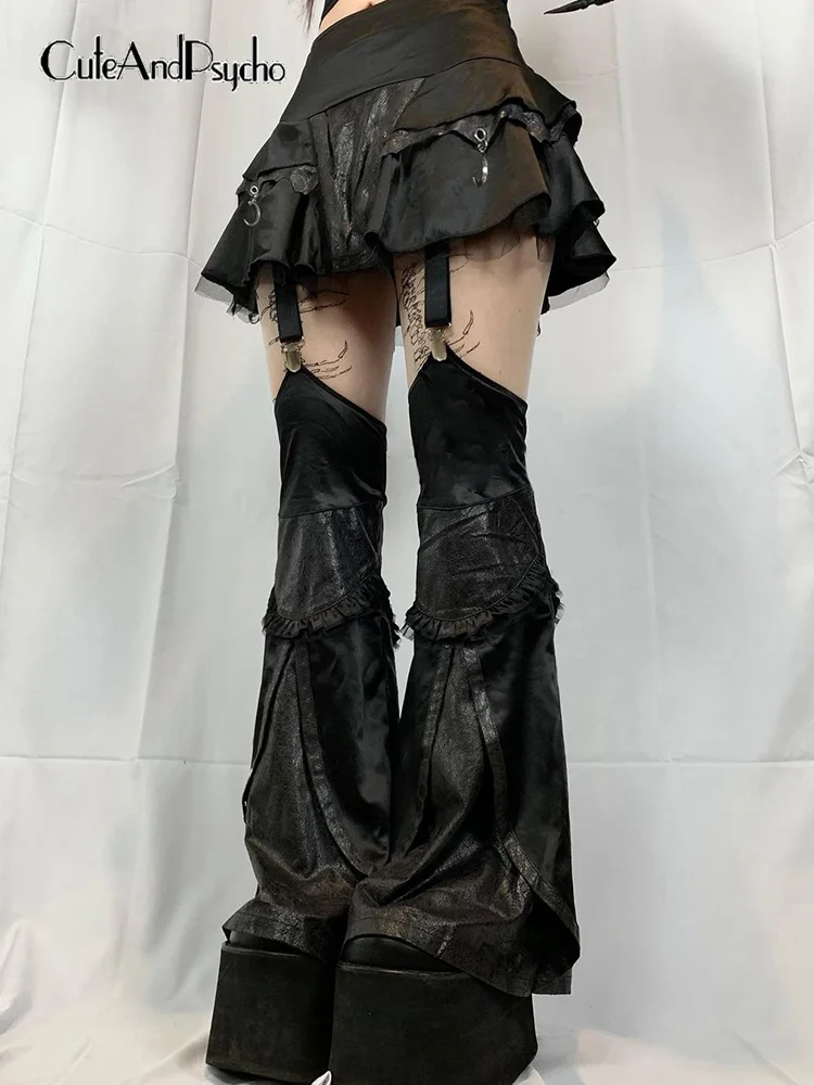 

Cuteandpsycho Dark Academia Women Retro Skirt Pants Gothic Harajuku Patchwork Y2K Fashion Trousers Chic High Waist Flare Pants