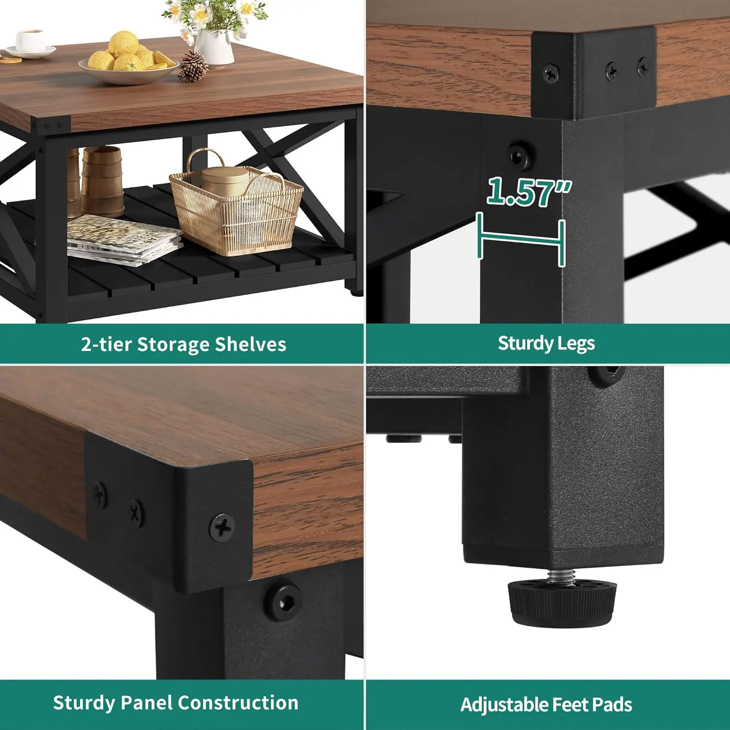 Square Coffee Table for Living Room, Vintage Living Room Table with Shelf, Coffee Table with Storage 4