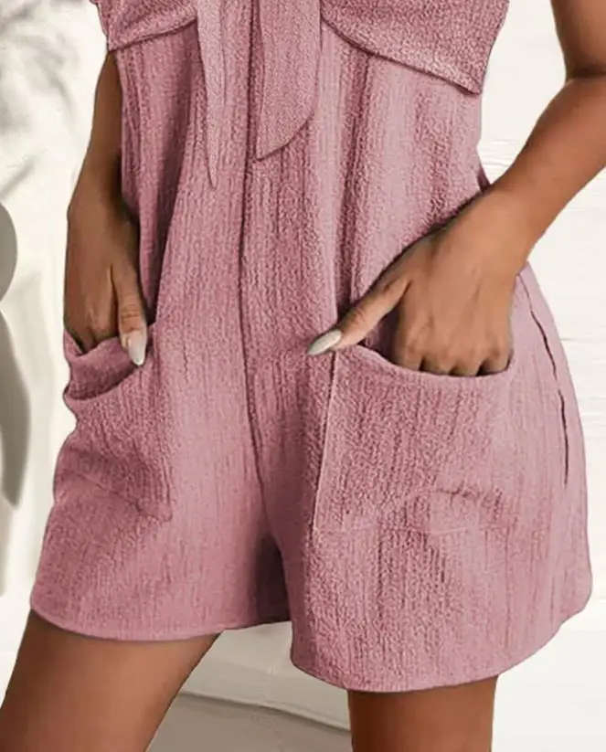 Women One Pieces Bodysuit Streetwear Knotted Casual Romper Summer Fashion Solid Color Chain Strap Pocket Design Short Jumpsuits