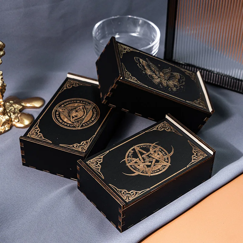 Desktop Organizer Wooden Box Zodiac Lotus Slide Drawer Storage Box Suitable for Tarot Cards Gifts 1pc