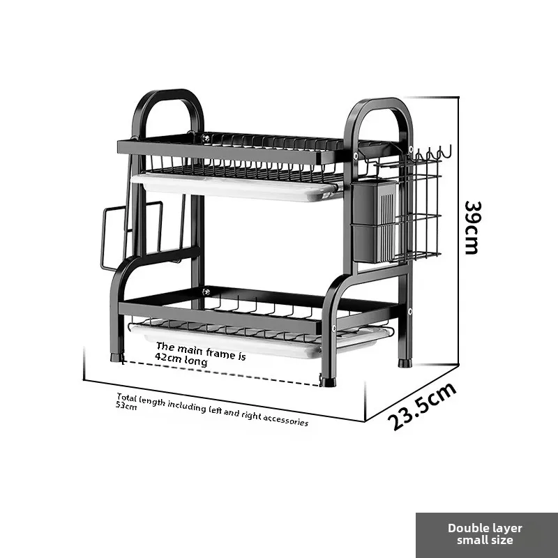 2-Tier Compact Dish Drainer Rack Rust-Proof Kitchen Dish Storage Organizer with Utensil Tray Cup Holder Knife Storage Block