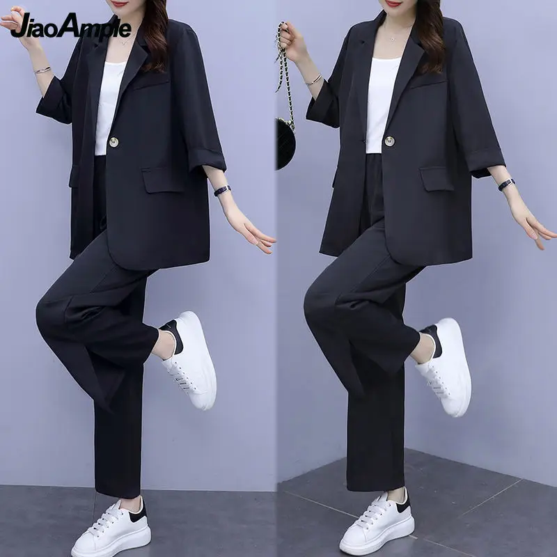 Women's 2024 Spring/Summer New Casual Blazers Jacket Matching Set Korean Elegant Loose Suit Coat Pants Two Piece Female Clothing