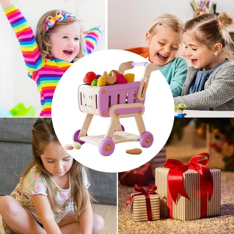 Shopping Cart Toy Pretend Play Shopping supermarket Handcart Toy Fruits and Vegetables Shopping Cart Trolley  for kids 3+ 5