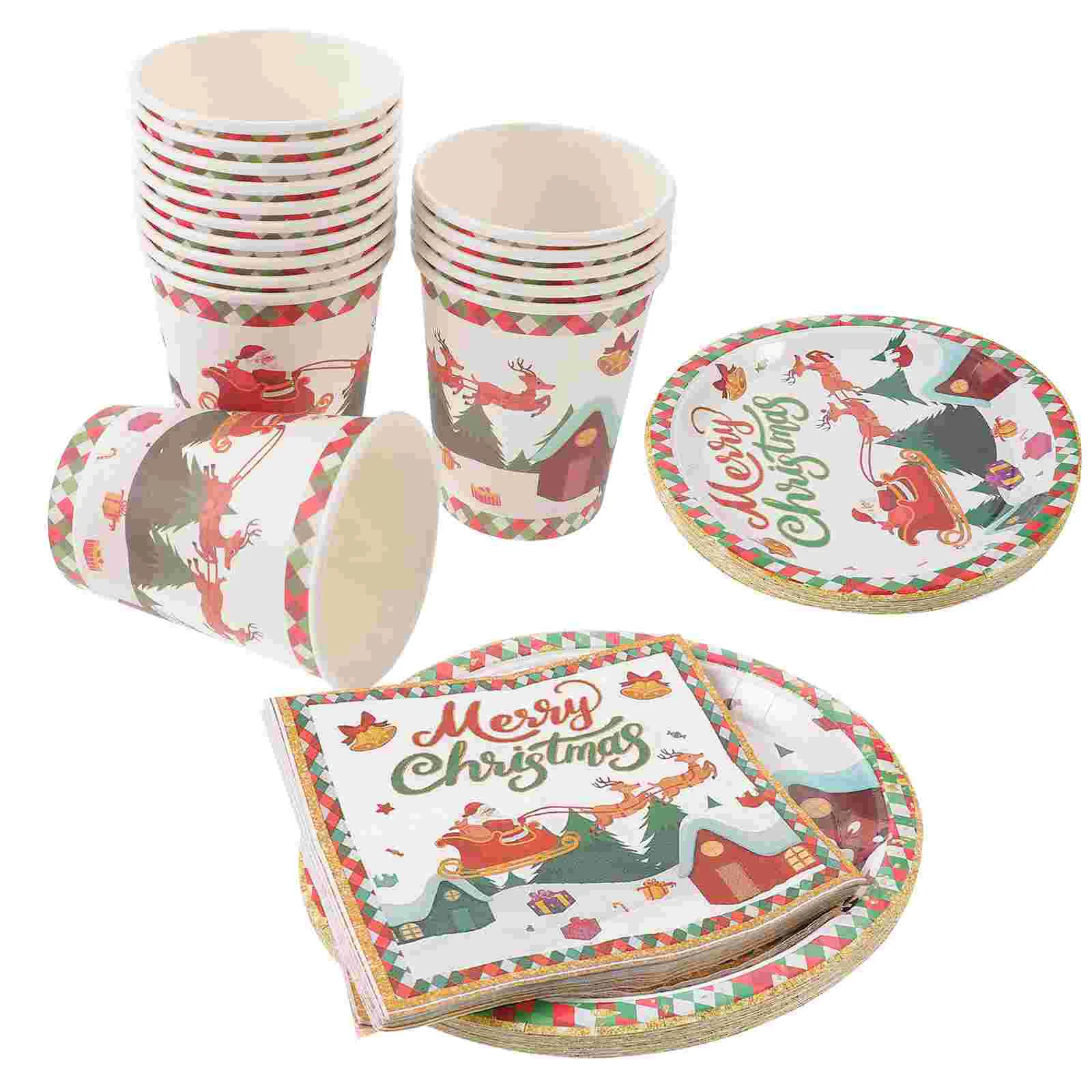 

1 Set of Paper Cups Paper Plates Tableware Set Christmas Decorations Party Napkins Decorations