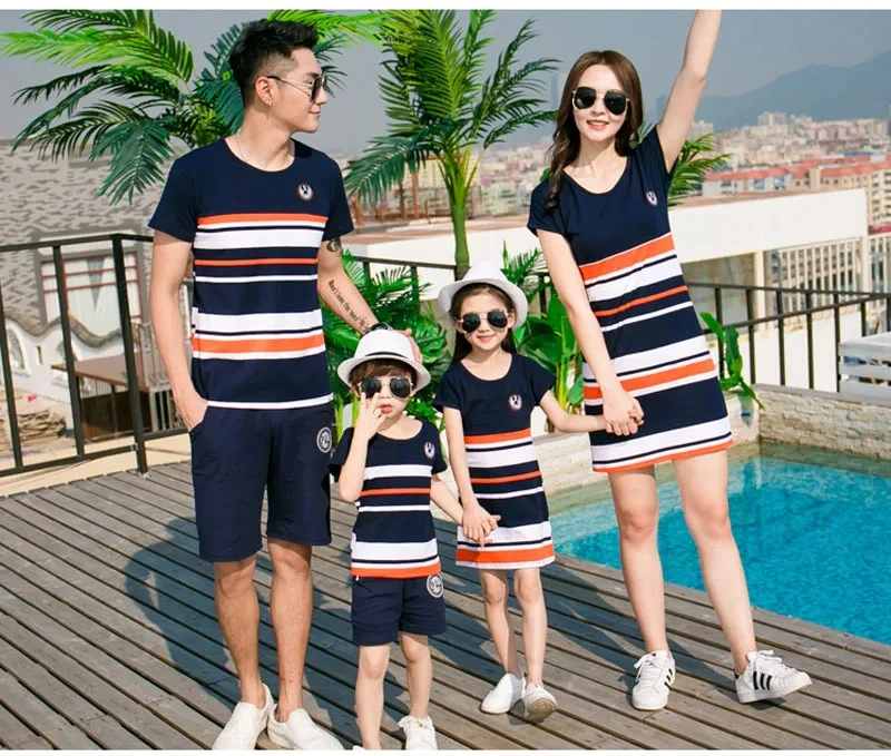 Summer Family Mother Daughter Knee Skirt Vintage Striped Tee Father Son Tee Tops Korean Street Girls A-line Skir