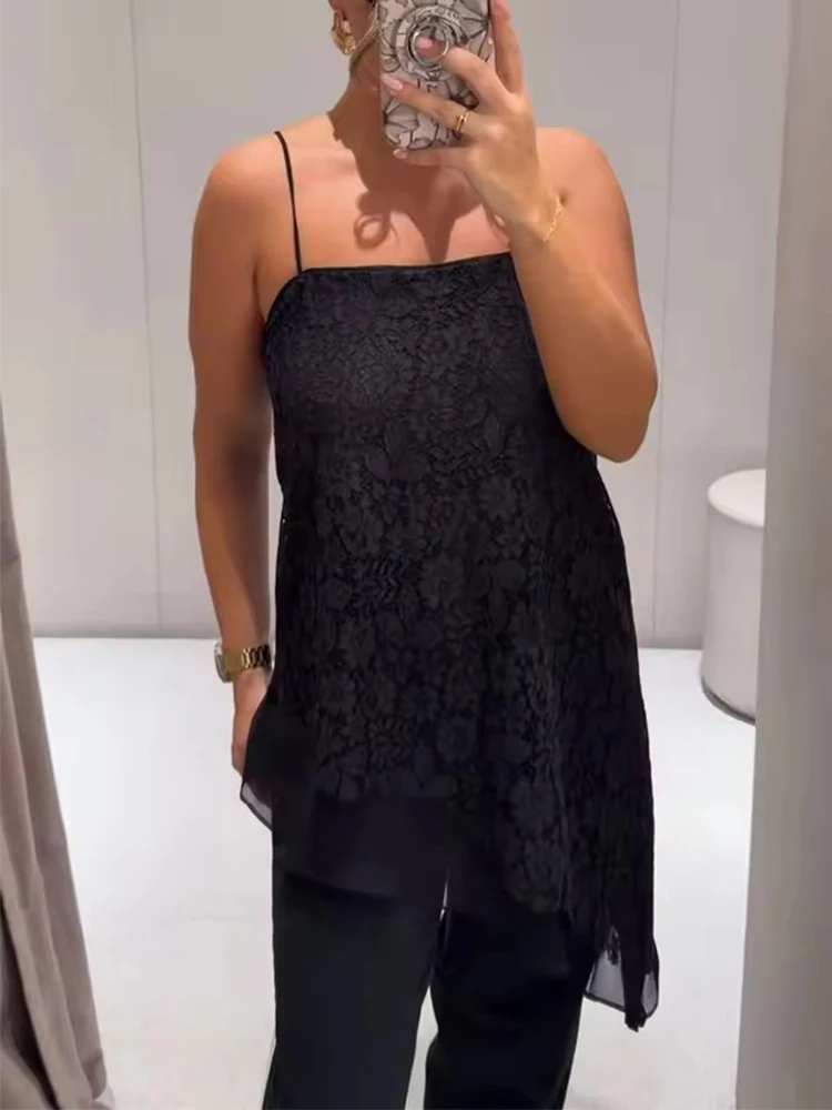 Chic Sexy Lace Sling Tops Women's Sleeveless Backless Elegant Party Top 2026 Summer New Lady Fashion Asymmetry Short Tops