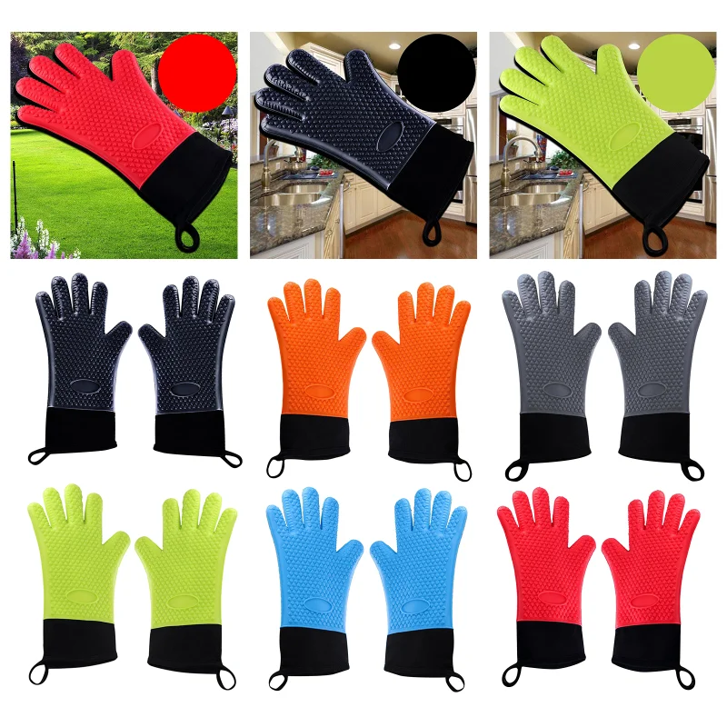 Double Layer BBQ Oven Gloves Silicone for Cooking Grilling Waterproof Mitts kitchen utensils oven mitts 1Pc