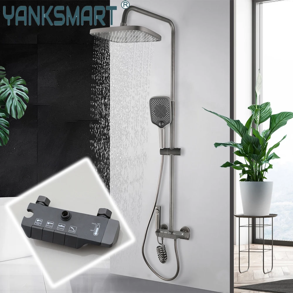 YANKSMART Piano Key Bathroom Shower Faucet Set Gun Grey 4 Function Rainfall Showers Brass Bathtub Shower System Mixer Faucets