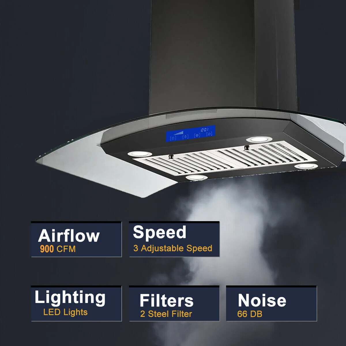 Tieasy 36 inch 900CFM Stainless Steel Island Mount Tempered Glass Digital Panel Range Hood USGI0290BPB 3