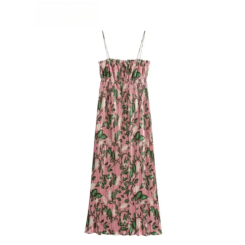 

ASDS new women's clothing small pleated bow embellishments with a straight neck strap, slim fit long dress, printed dress