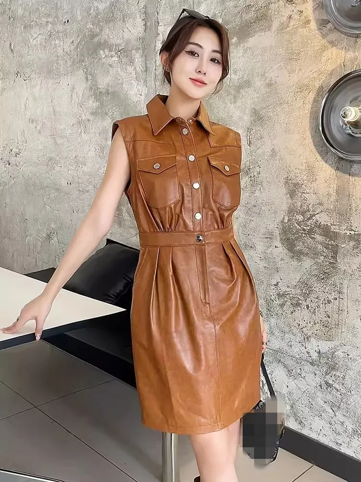 Leather And Lace Background Spring Office Laides Elegant Genuine Leather  Dress Mid Length Sheepskin Dresses Sleeveless