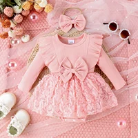 2PCS Autumn 0-1 Year Old Girl Baby Sweet And Cute Round Collar, Pit Strip, Flower Skirt, Long-Sleeved Suit + Bow Hair Band 1
