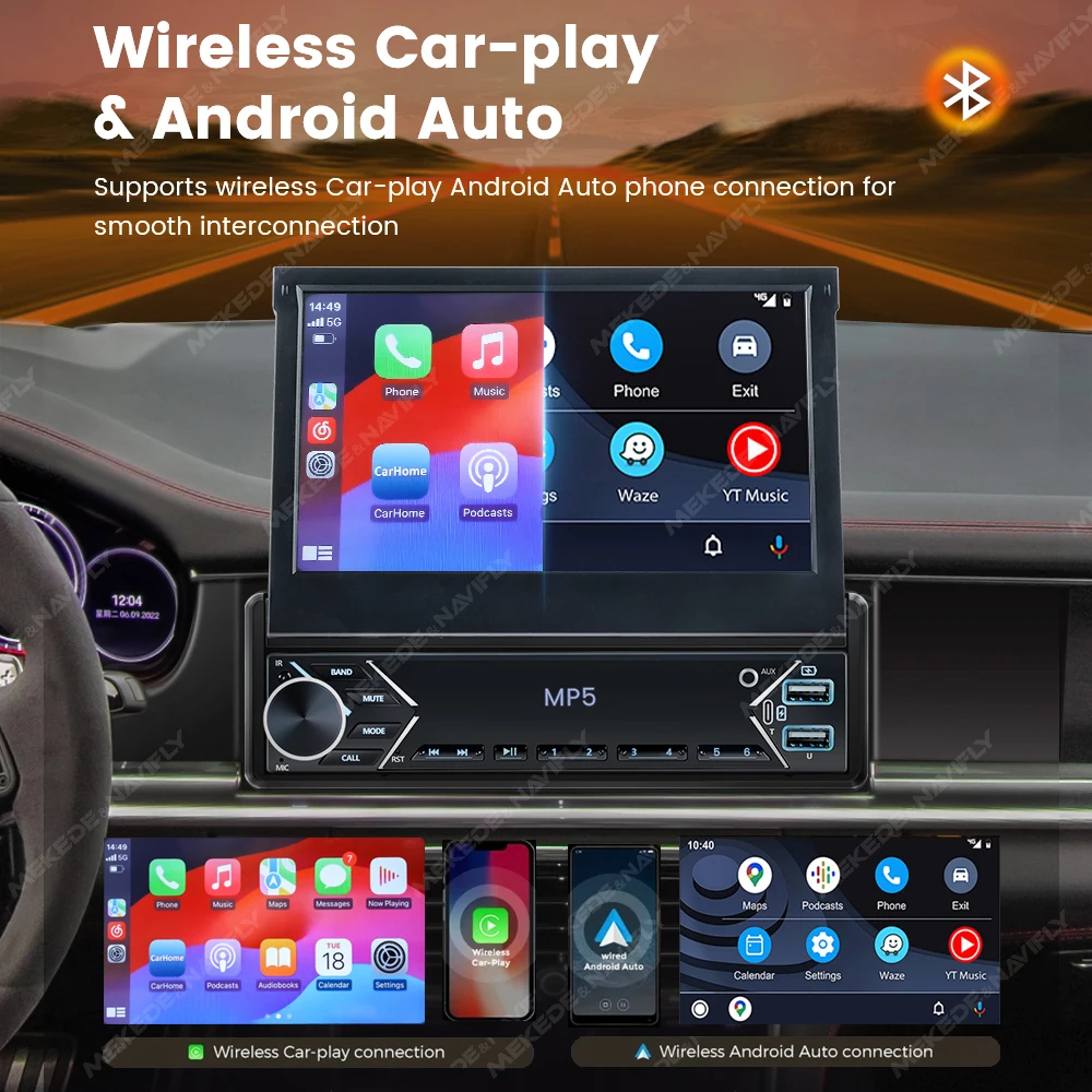Car Radio Player New Carplay Android Auto 1Din 7'' Retractable Universal Car Stereo Radio TouchScreen MP5 Player Intelligent Vehicle System BT FM