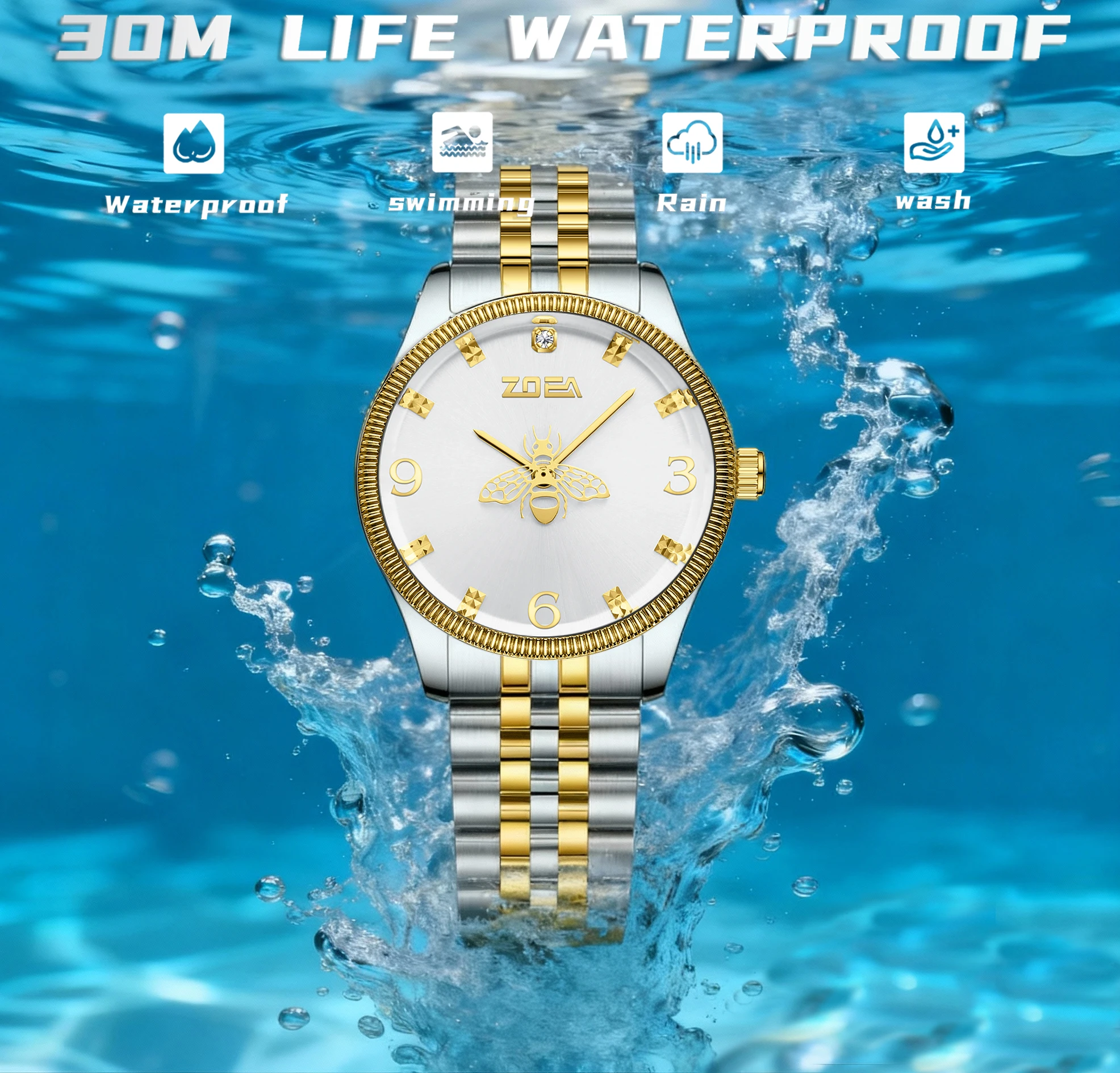 Reloj de cuarzo elegante para mujer ZOEA ESS10008, correa de acero inoxidable macizo con cierre mariposa, manecillas en forma de abeja, resistente al agua 30 metros