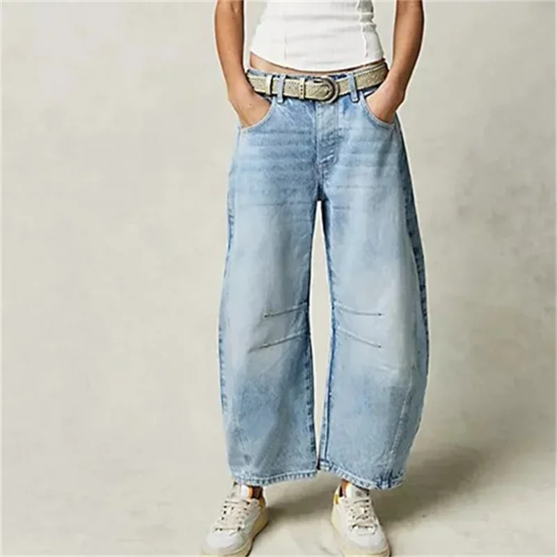 Women Vintage American Style Denim Jeans New Knee Splicing Design Straight Pants Female Commuter Casual Loose Mid Waist Trousers