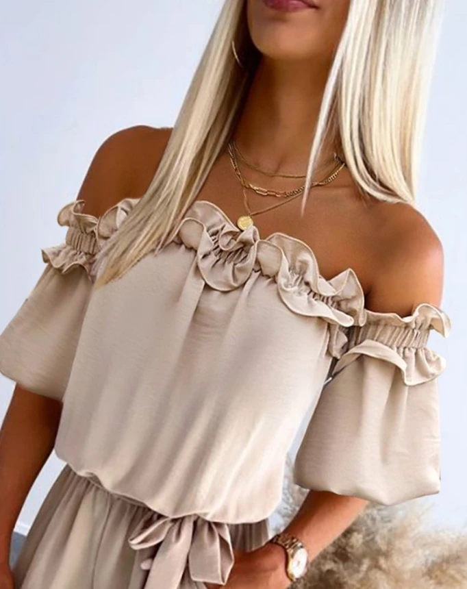 Women Casual Jumpsuit 2024 Spring Summer Latest Off Shoulder Frill Hem Tied Detail Romper Short Sleeve Pocket Vacation Bodysuit