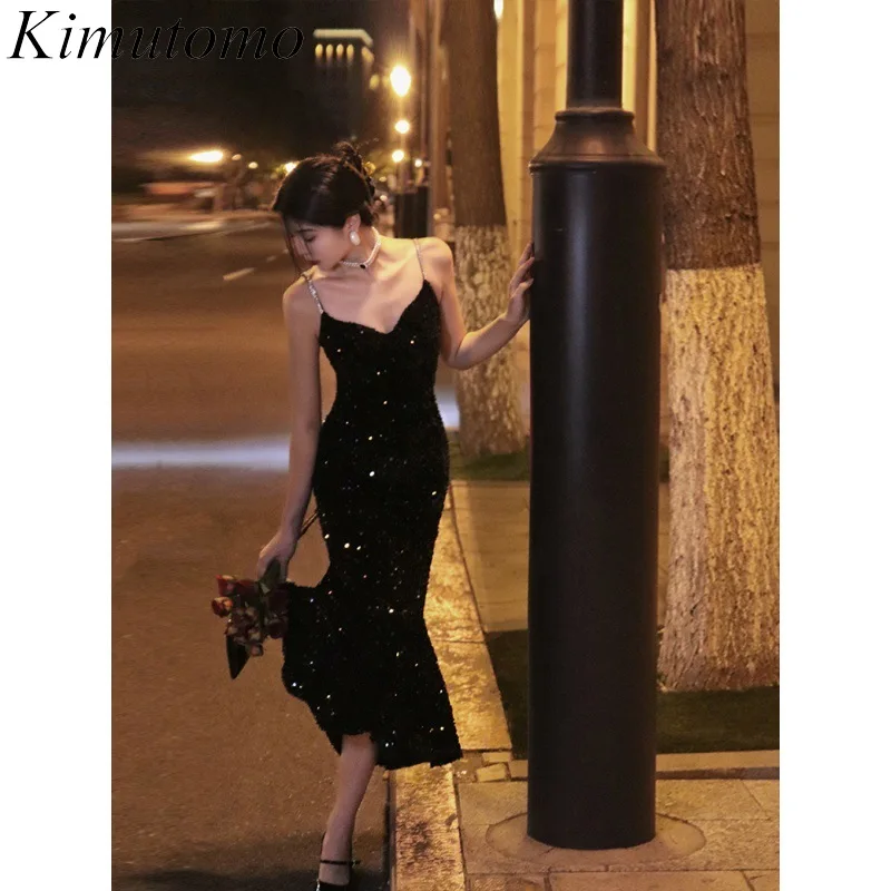

Соблазнительные вечерние платья Kimutomo с блестками, с глубоким V-образным вырезом, без рукавов, платье «рыбий хвост», французское черное платье, платья для женщин, пригласительные