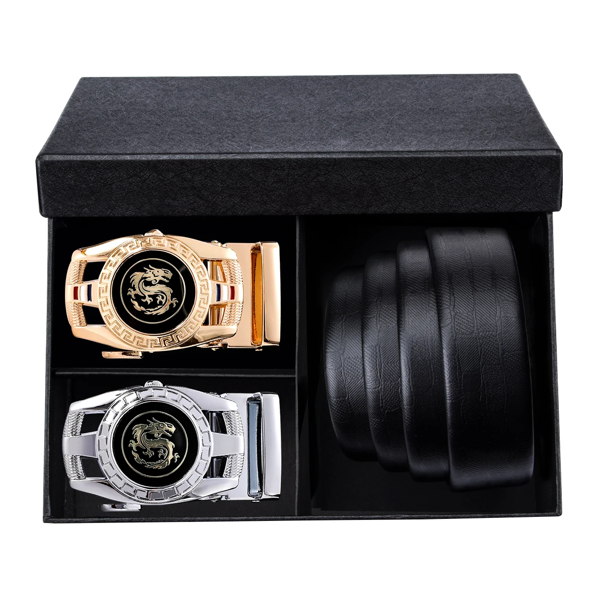 Luxury Mens Belts in Gift Box Brand Leather Ratchet Black Belt with 2 Alloy Automatic Buckles 3.5cm Wide Adjustable Waistband 
