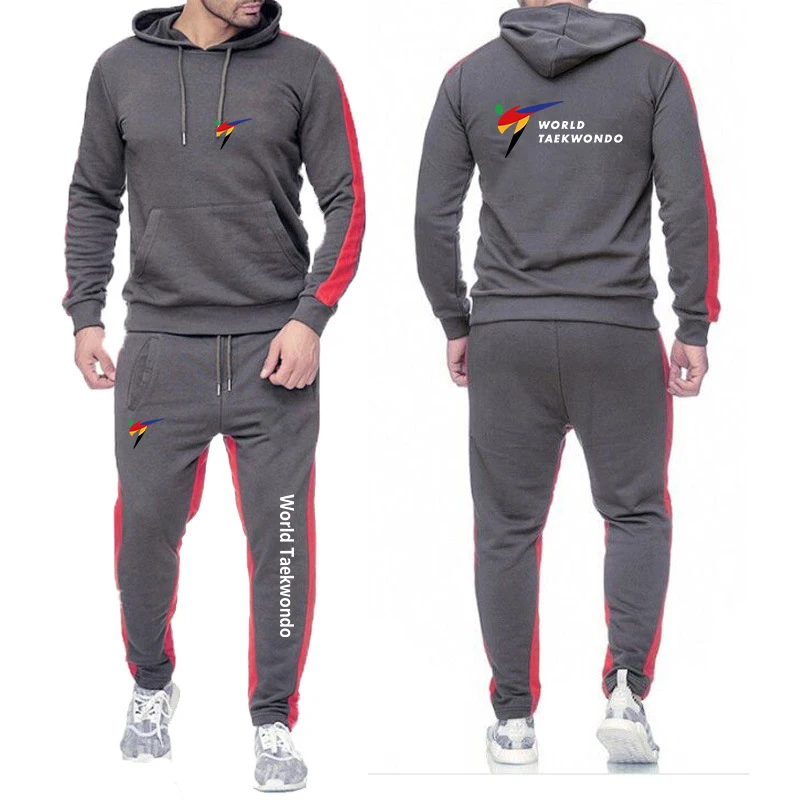 2024 Spring Autumn Men's WTF World Taekwondo Federation Logo Print Hooded Tracksuit+Drawstring Sweatpants Solid Color Sports Set 2