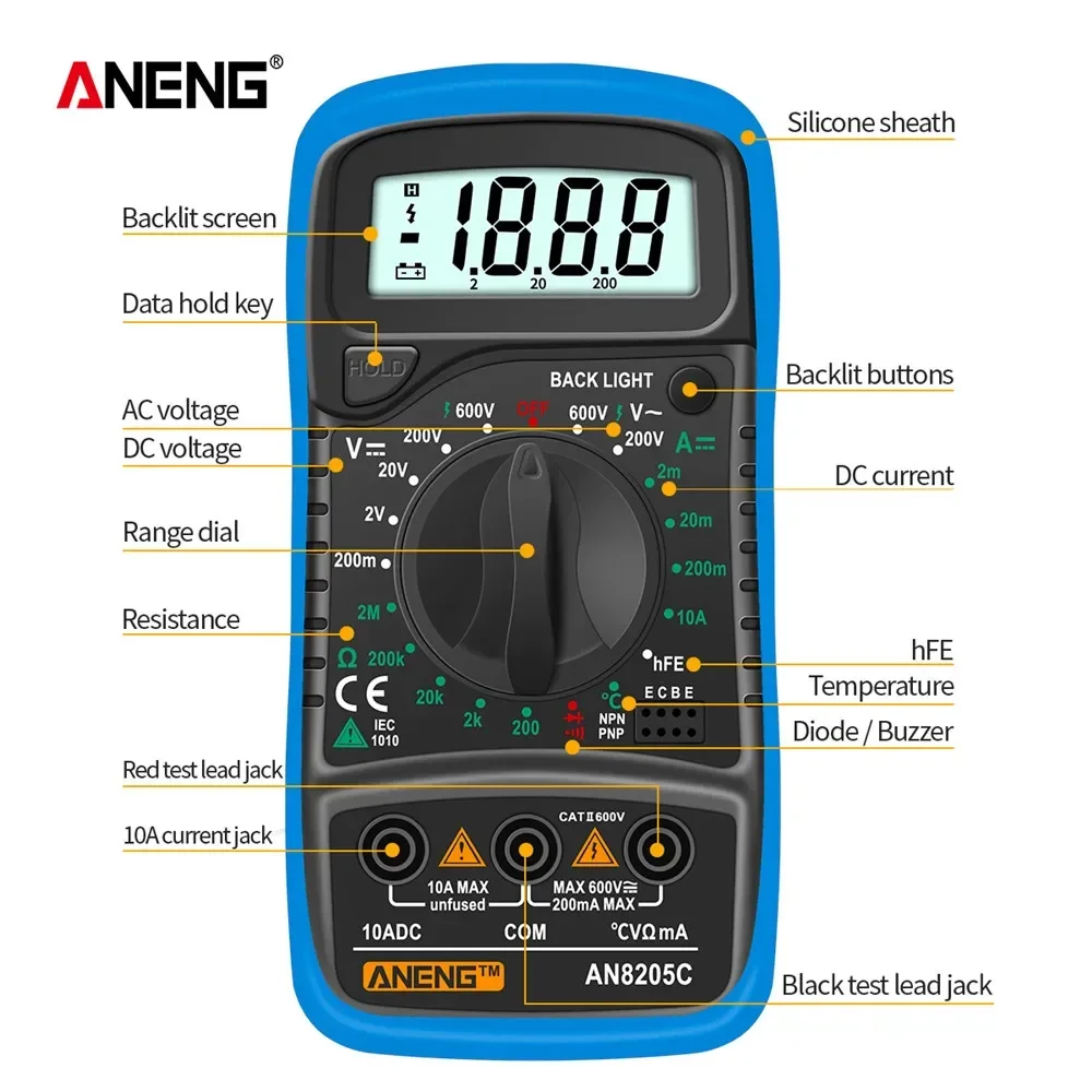 ANENG AN8205C Digital Multimeter AC/DC Ammeter Volt Ohm Multimetro Tester Meter With Thermocouple LCD Backlight Portable Buzzer digital multimeter multimeter tester