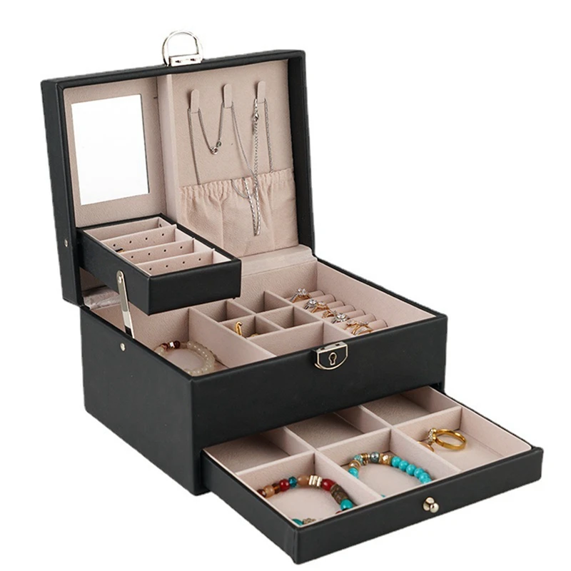 

New PU Double Drawer Jewelry Box Large Capacity Jewelry Box Ring Earrings Necklace Jewelry Storage Box Durable Easy Install
