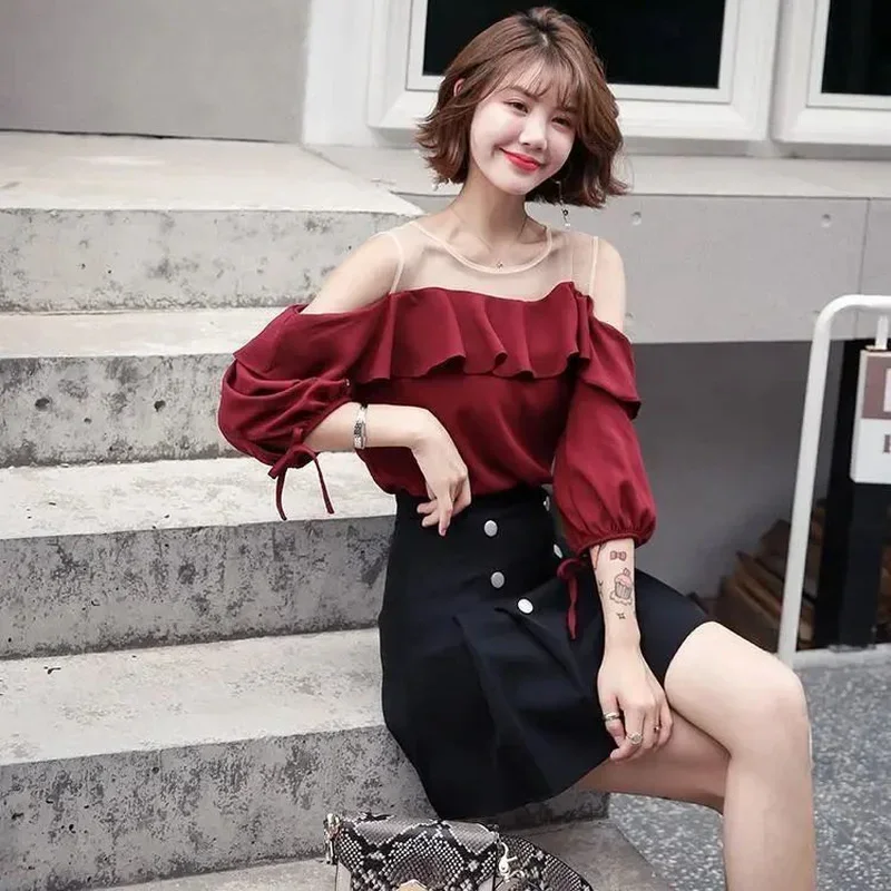 Women Sets Ruffles Design Off Shoulder All-match Office Lady