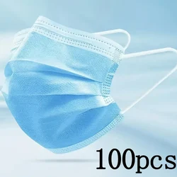 Black Disposable Face Masks - 100 Pack, 3 - Layer Breathable Anti - Dust Protection (Blue 100pcs)