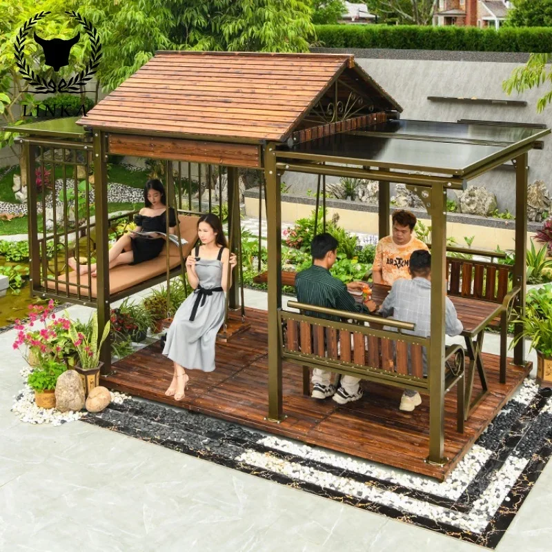 Outdoor Gazebo with Swing Courtyard Garden Layout Rural Terrace Outdoor Villa Courtyard Sunshade Tent Pavilion