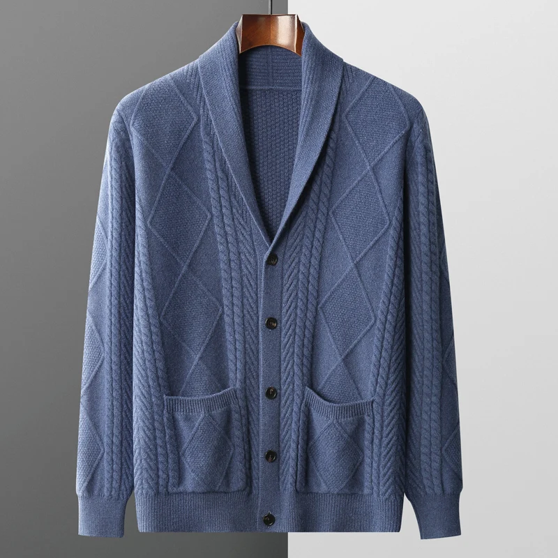 Autumn and winter new 100% pure wool cardigan men's lapel coat high-grade sweater loose business padded coat knitted youth coat 4