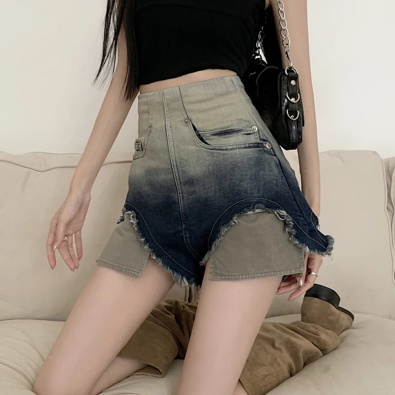 Fashion Gradient Y2K Jeans Women Summer New Zipper Ragged Hem Wash Denim Shorts Made of Old Stretch Wide Leg Pants
