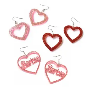 Kawaii Barbie Spring Print Letter Heart Hollow Acrylic Pink Glitter  Earrings Accessories Jewelry Fashion Versatile Girls Gift