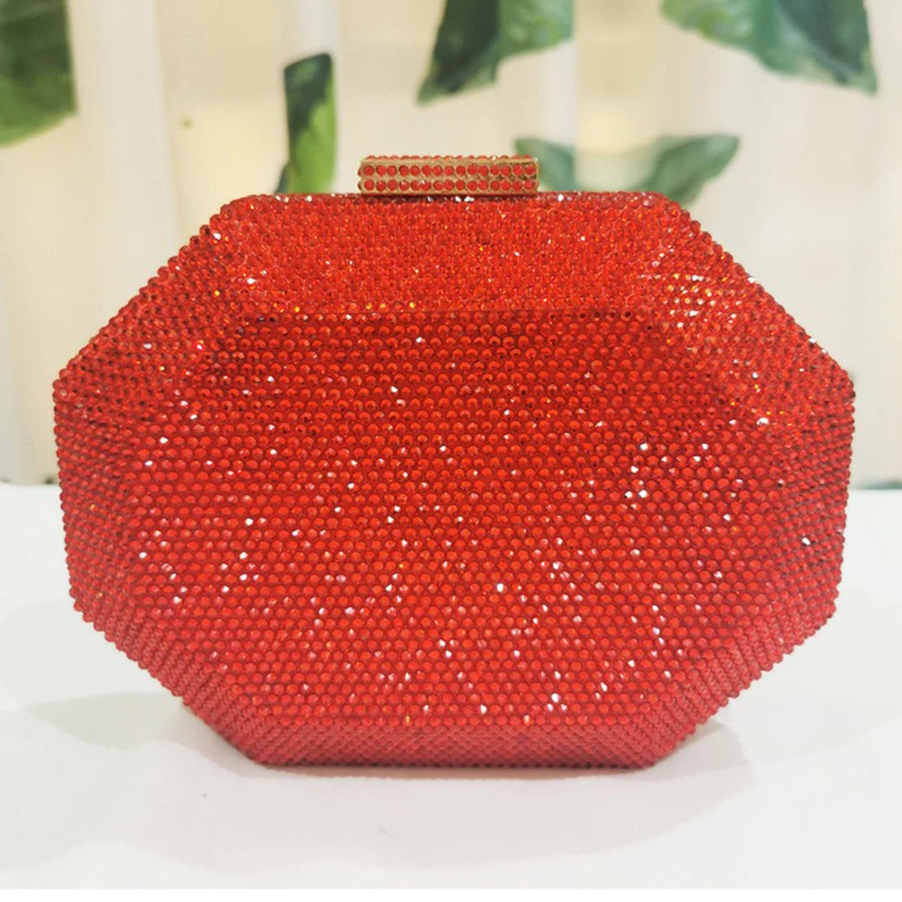 

Red/Gold 7 Colors Hexagon Shape Crystal Clutch Purse For Women Diamond Phone Shoulder Handbags Free Shipping Small Money Bags