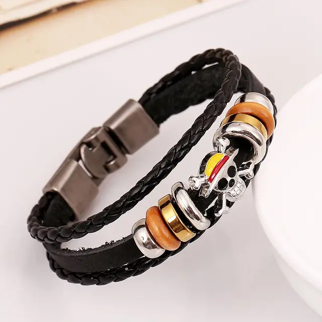 1Pc One Piece Luffy Pirate Bracelet Japan Cartoon Action Figure Toys Punk Black Leather Braided Punk Rock Bangles Bracelet Gifts 2