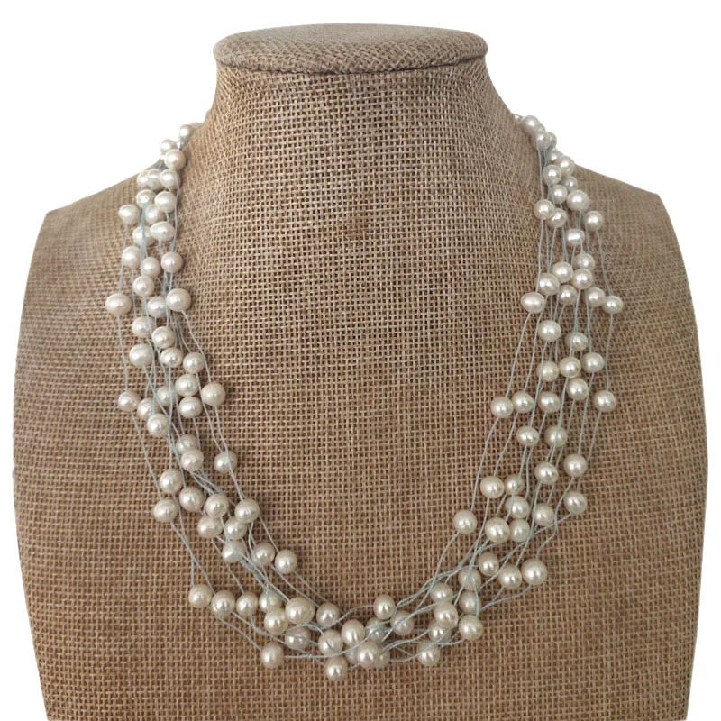 

16 inches 10 rows 5-6mm Natural White Pearls Tin Cup Necklace