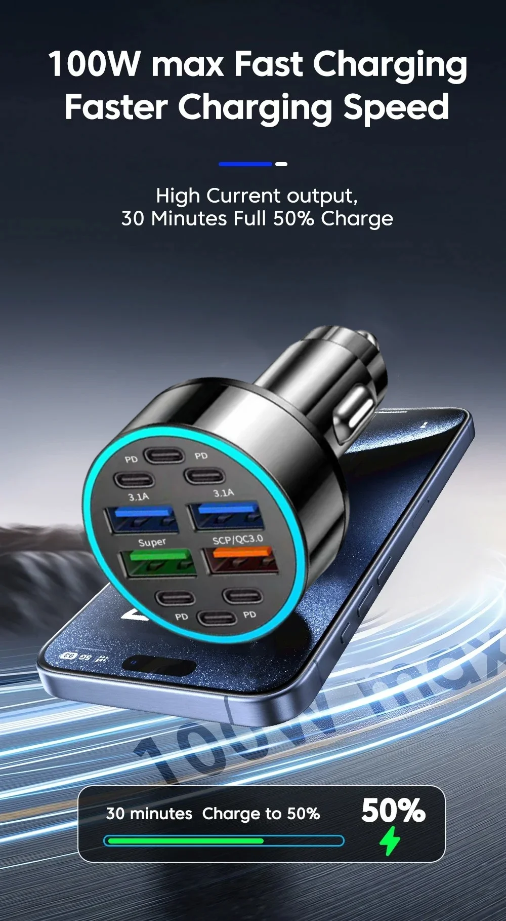 10 Ports 100W PD Fast Charging QC3.0 USB Type C Auto Phone Charger For IPhone Samsung Huawei Xiaomi Adapter In Car_voghion.com
