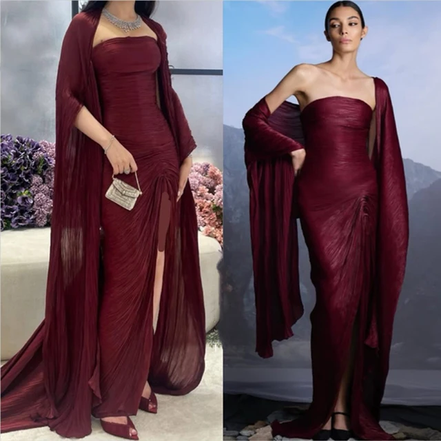 Simple Tulle Pleat Evening Dress Strapless With Shawl Mermaid High Slit Elegant Arabic Formal Party Prom Gown Vestido Customized 1