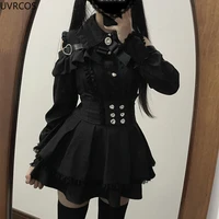 2024 Japanese Black Short Skirt Set Gothic Ruffle Mini Skirts Sexy Lace Off Shoulder Lolita Shirt Gown Faldas Y2k Aesthetic Suit 1