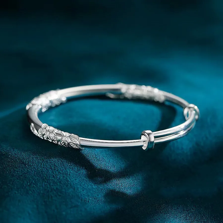 

Hot 925 Sterling Silver Charm Blooming Flowers Bracelets Bangles for Women Fashion Party Wedding Jewelry Adjustable Size Gifts