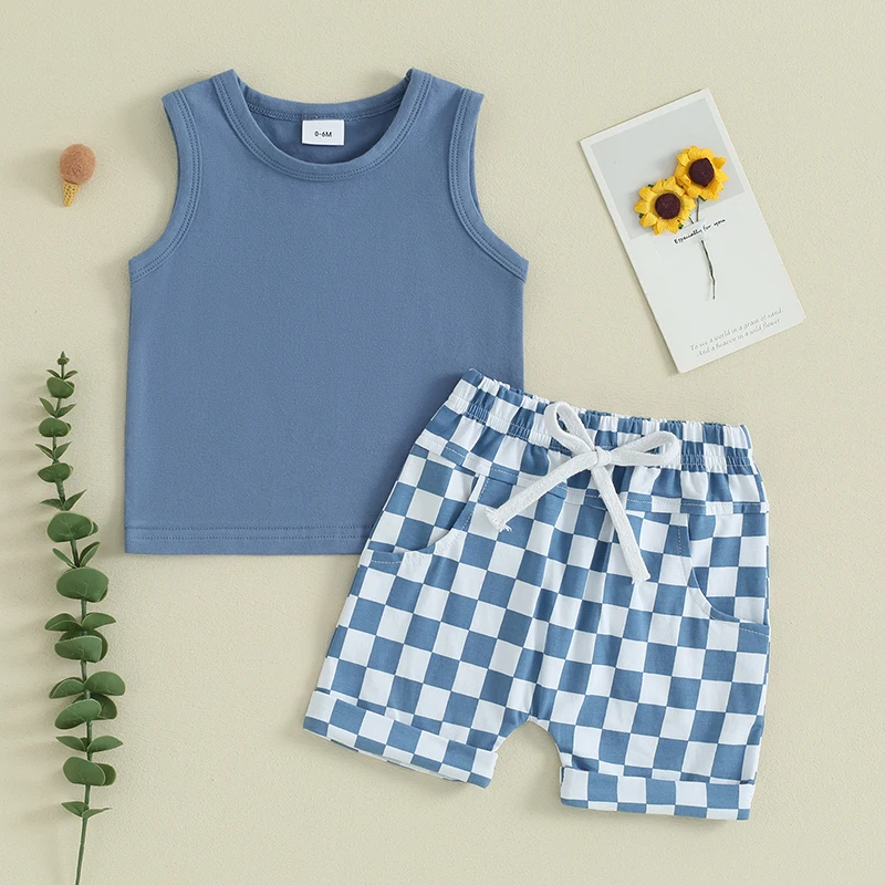 2023-12-09 lioraitiin Summer Baby Boy Clothes Solid Sleeveless Tank Top Checkered Shorts 2Pcs Outfit Set 4
