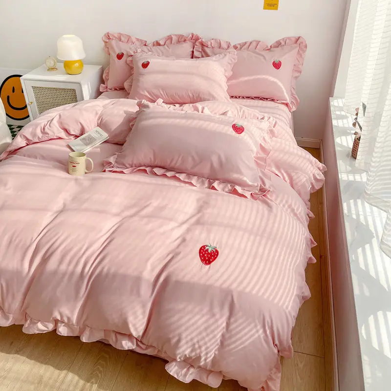

Milk Tea Color Bear Teddy Embroidery Solid Color Bed Set Princess Pink Strawberry Single Double Quilt Cover Sheet Large 200x230