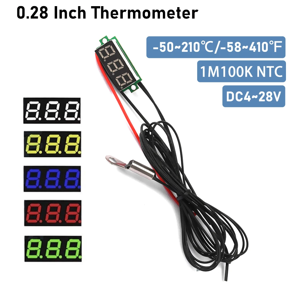 

0.28" LED Digital Temperature Meter Detector -50~210℃/-58~410℉ DC4~28V Thermometer with 1M 100K NTC Sensor DC 12V 24V Car