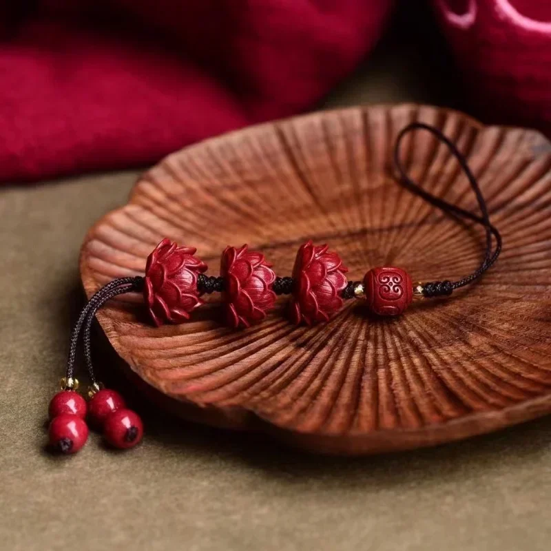 Cinnabar Lotus Key Chain Organic Jewellery Carved Fashion Chinese Natural Charm Gifts Amulet Bag Buckle Pendant Red key chain charm