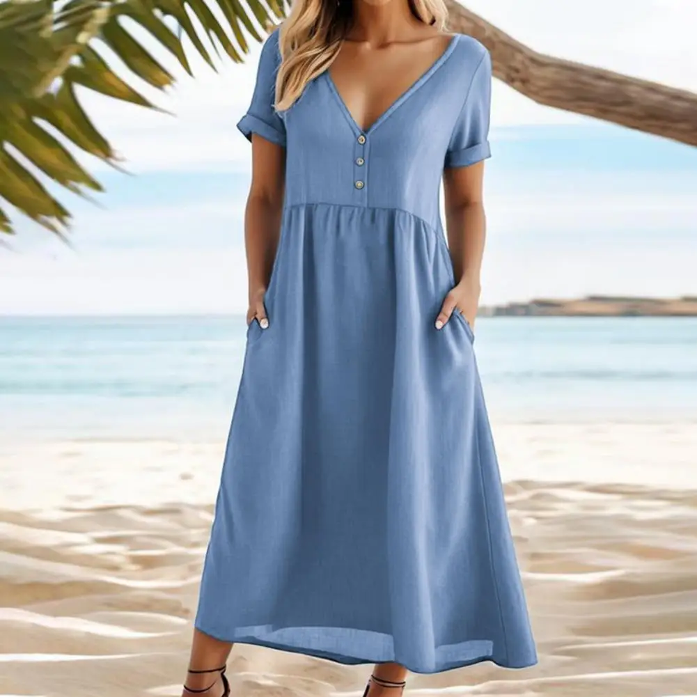 

Flowy Summer Dress Elegant V Neck Maxi Dress with Pockets for Women A-line Loose Hem Summer Beach Dress with Short Sleeves Tight