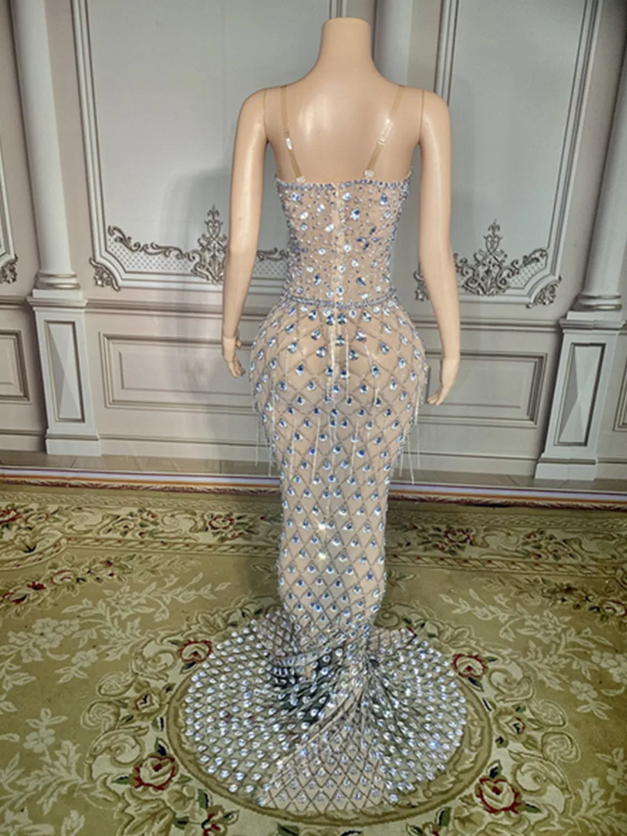 Charming Bright Crystal Dress Sexy Luxury Beaded Rhinestone Tulle Evening Dress Prom Party Dress Noble Wedding Wedding Dress 4