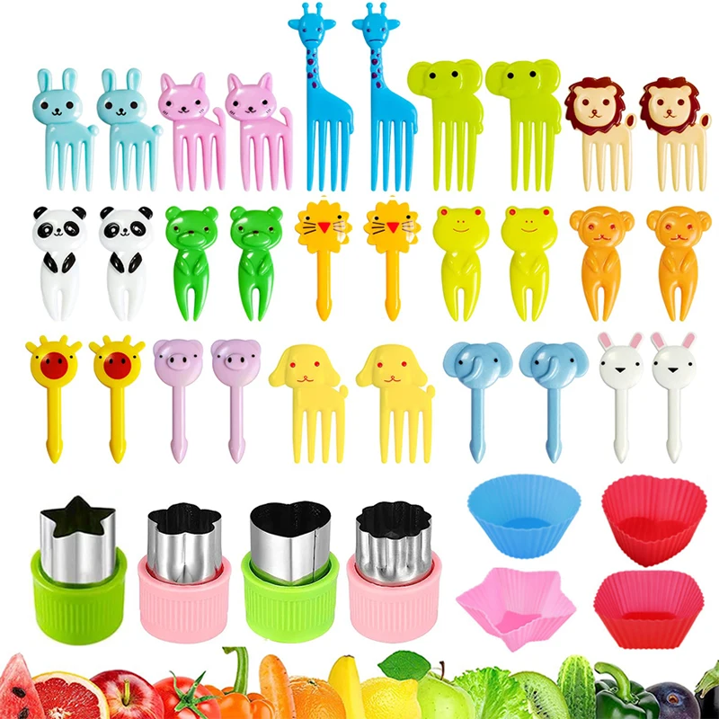 

Cute Mini Food Picks Children Animal Toddler Cartoon Snack Cake Dessert Food Fruit Forks With Cutter Silicone Lunch Box Dividers